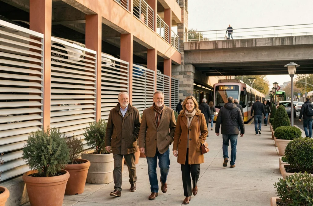Groupe de navetteurs marchant vers le tram dans un parking relais multimodal en ville