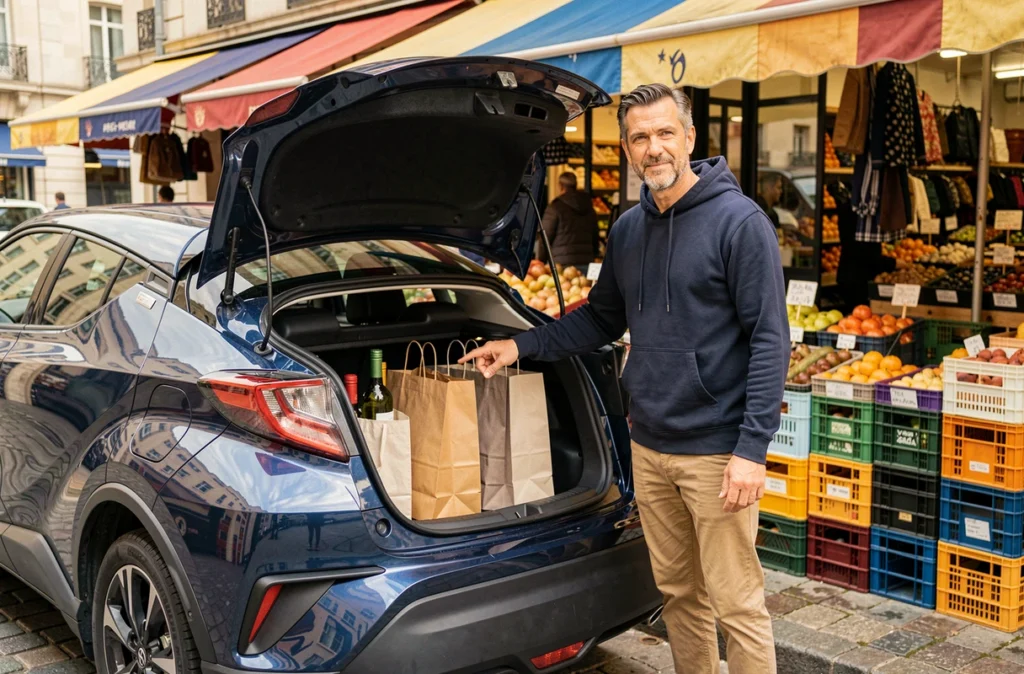 Homme montrant l'organisation du coffre d'une Toyota C-HR bleue devant un marché urbain français