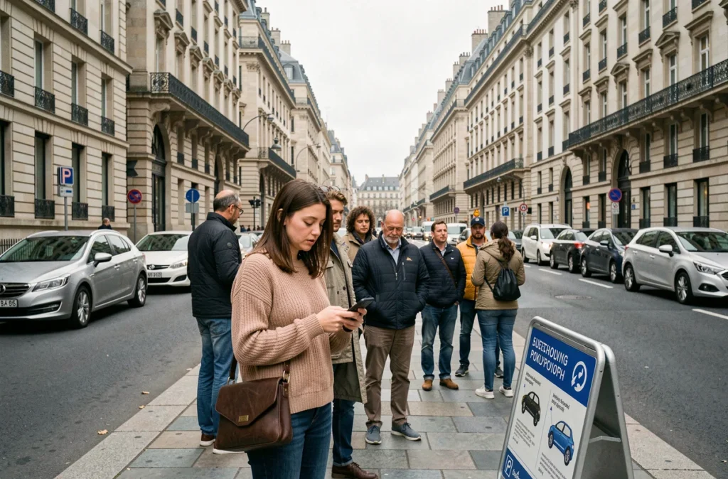 Femme utilisant une application de covoiturage à un point de prise en charge urbain dans une grande métropole