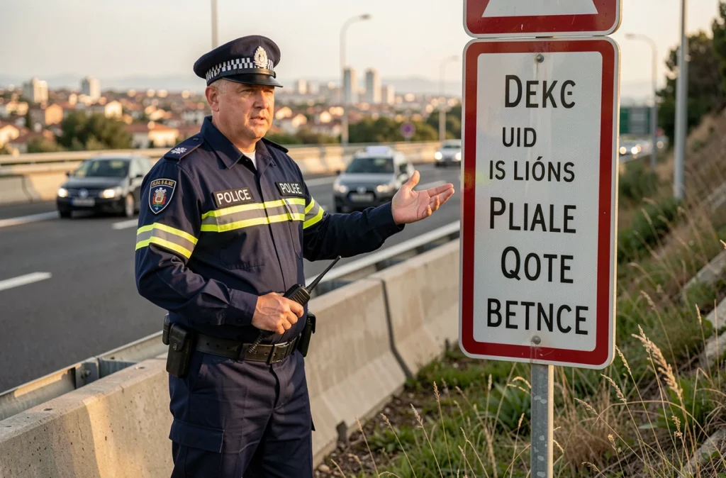 Agent de la police de la route gérant une déviation sur le périphérique toulousain suite à un accident