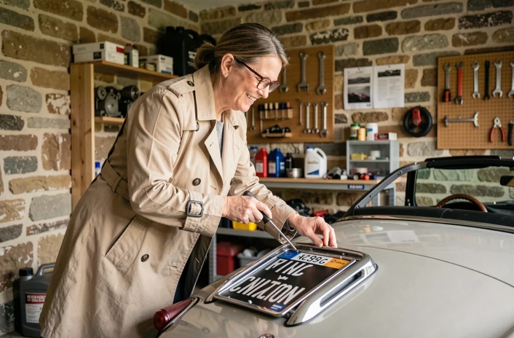 Femme posant une plaque d'immatriculation suisse sur une voiture de collection dans un garage en pierre