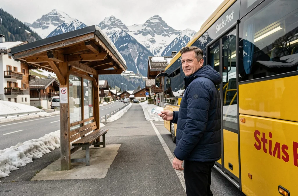 Voyageur montant dans un PostBus suisse avec un titre de transport combiné en zone alpine