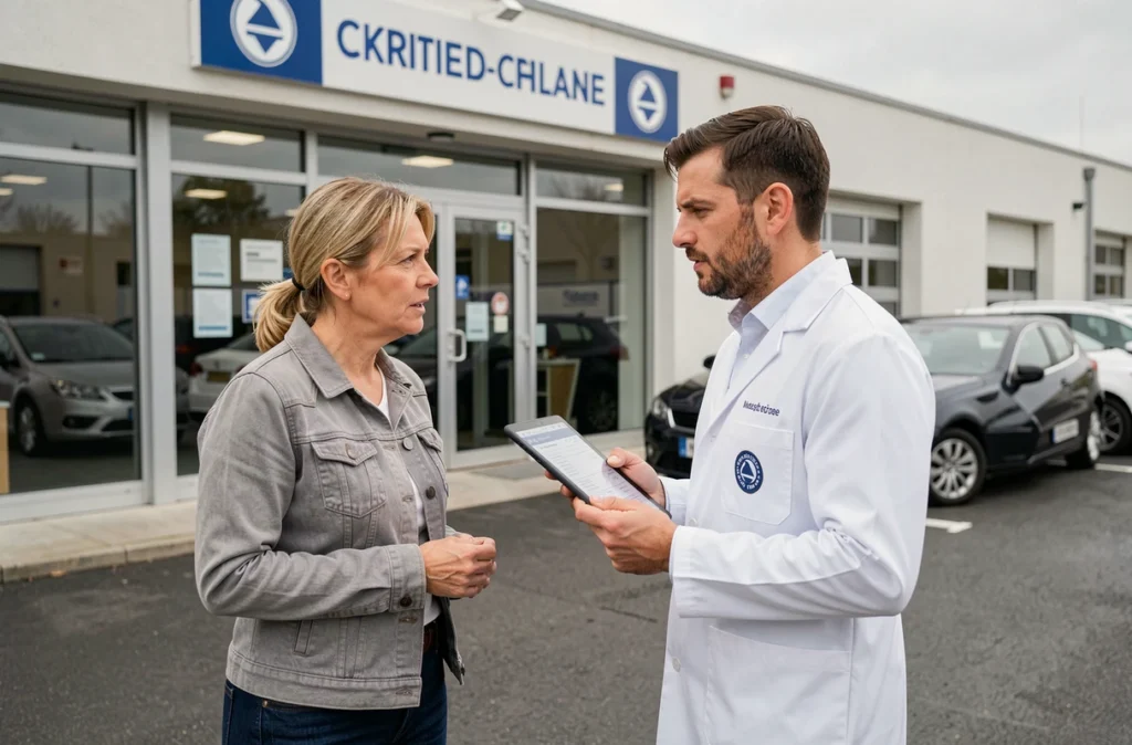 Propriétaire de voiture diesel discutant des résultats de contrôle technique avec un inspecteur devant un centre de contrôle agréé