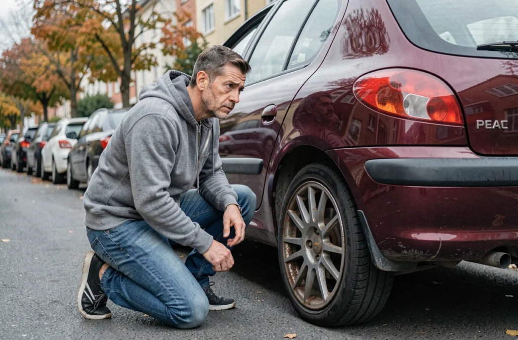 Propriétaire de Peugeot 206 inquiet observant les signes de grippage du train arrière sur sa voiture