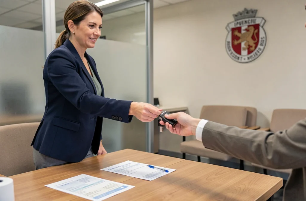 Femme remettant les clés d'un véhicule avec les documents officiels suisses lors d'une vente à l'étranger