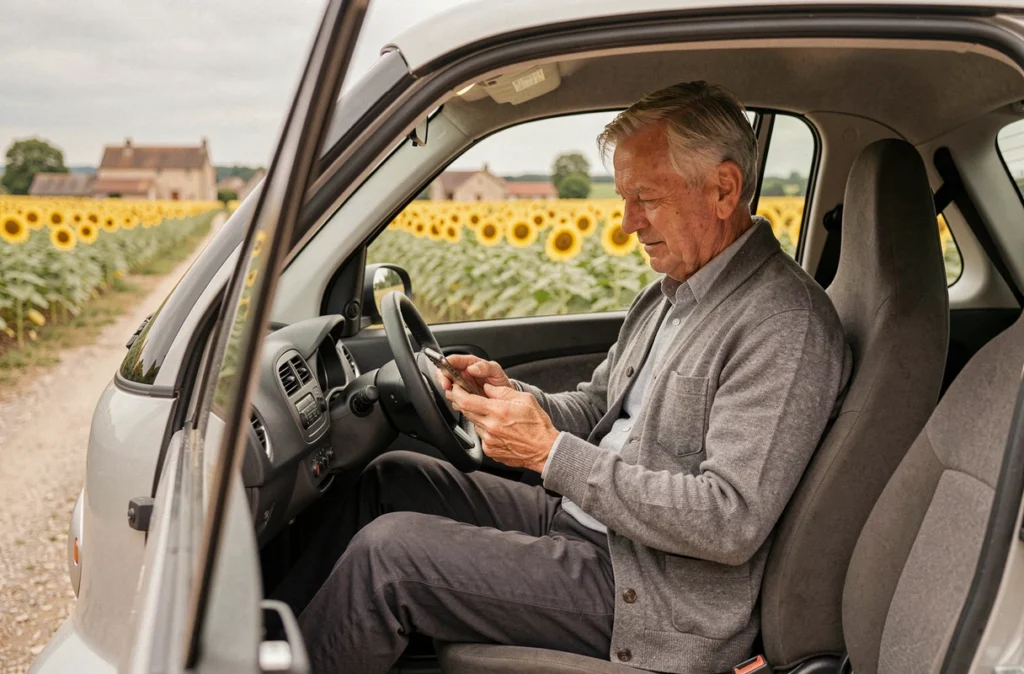 Homme senior consultant son téléphone à bord d'une voiture sans permis arrêtée sur une route de campagne française