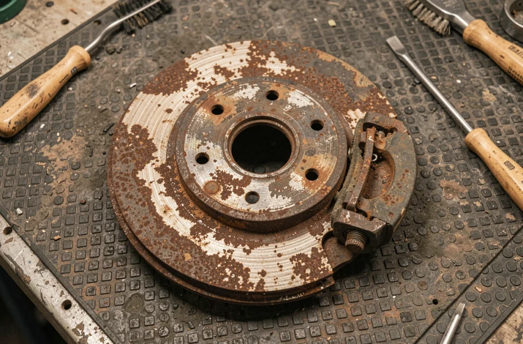 Tambour de frein arrière grippé et rouillé d'une Peugeot 206 posé sur un établi de garage