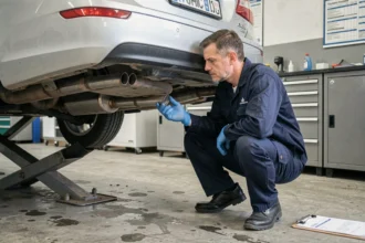 Technicien de contrôle technique inspectant le système d'échappement d'un diesel sous un pont élévateur en garage officiel