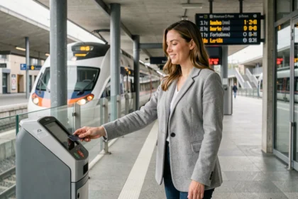 Femme utilisant un ticket unique intermodal sur un quai de gare suisse moderne