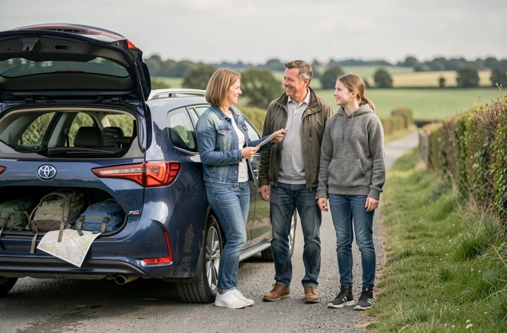 Famille posée à côté d'une Toyota Corolla break bleue sur une route de campagne lors d'un voyage en week-end