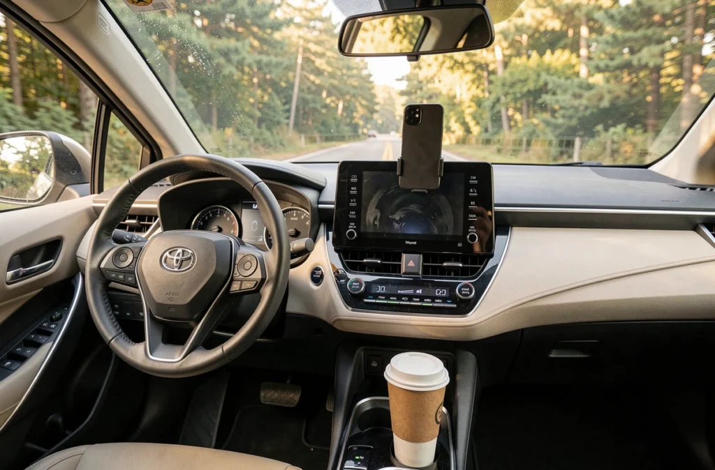 Intérieur et tableau de bord de la Toyota Corolla break vus depuis le siège conducteur avec écran tactile et détails du quotidien