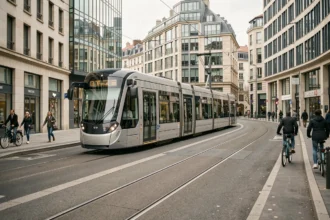Tramway moderne en circulation dans une ville moyenne française avec piétons et pistes cyclables