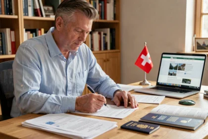 Homme suisse signant des documents administratifs pour la vente d'une voiture à l'étranger