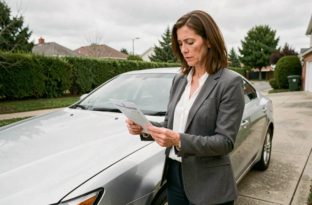 Femme vérifiant une carte grise barrée lors d'une vente de voiture dans une allée résidentielle