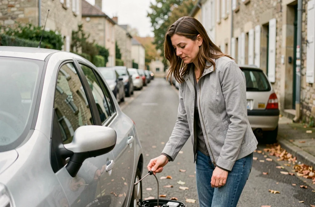 Femme vérifiant le niveau d'huile d'une Renault équipée du moteur 1.5 dCi dans une rue résidentielle