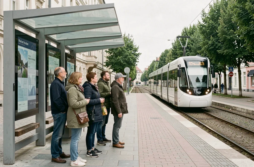 Voyageurs attendant le tramway sur un quai moderne dans une ville moyenne européenne