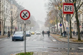Panneau de zone à faibles émissions à une intersection urbaine avec vélos cargo et voitures électriques en circulation