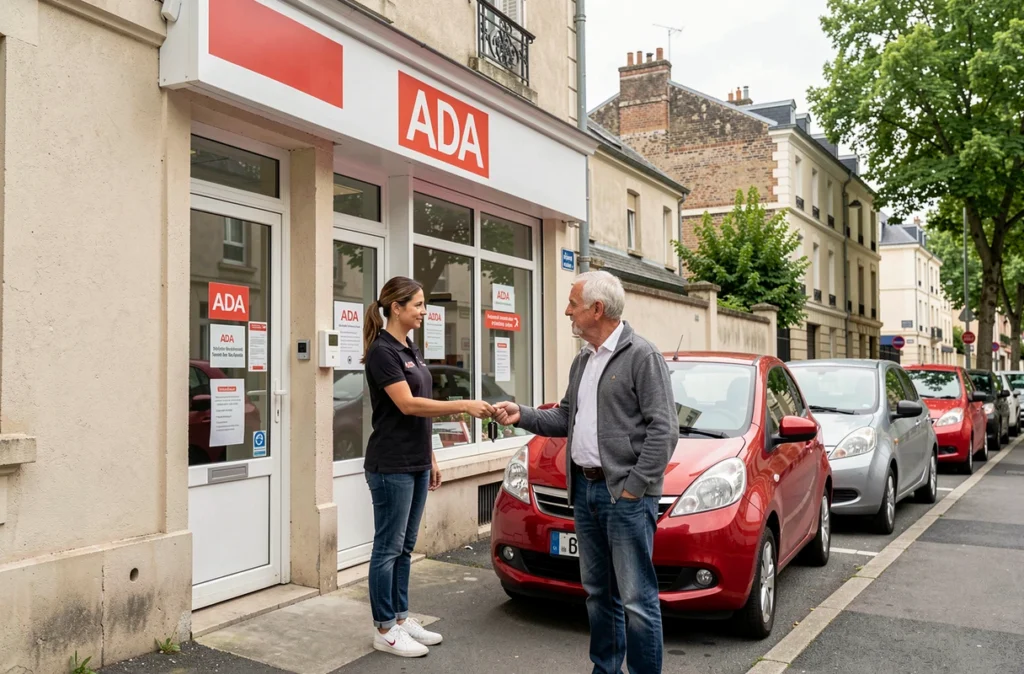 Agente ADA remettant les clés d'un véhicule à un client devant la devanture de l'agence de Sèvres