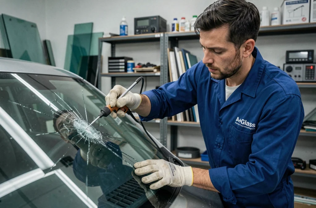 Technicien A+Glass Valenciennes réparant un impact sur un pare-brise avec un outil d'injection de résine