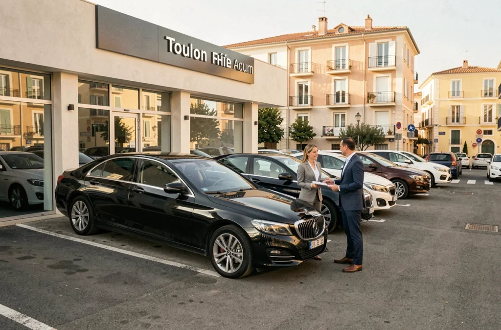 Showroom extérieur d'Auto Platinium 83 à Toulon avec voitures d'occasion exposées