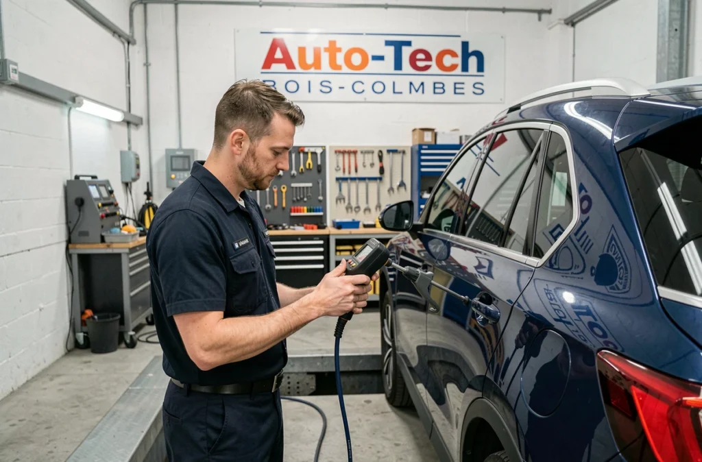 Professionnel Auto-Tech à Bois-Colombes effectuant un contrôle des émissions sur un SUV sombre