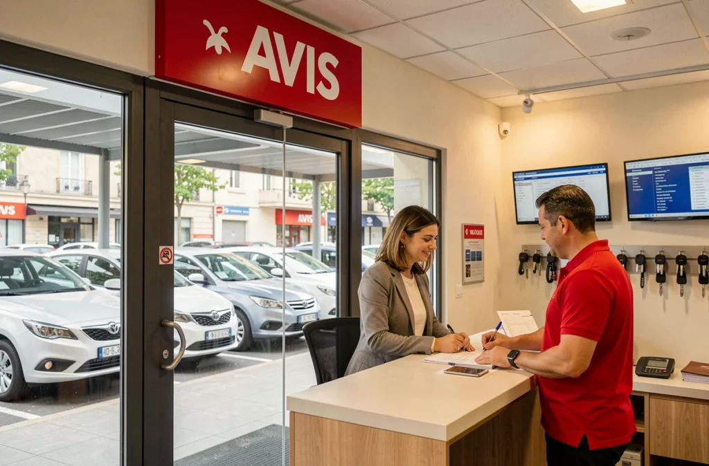Cliente signant un contrat de location chez Avis Boulogne-Billancourt avec un agent en polo rouge au comptoir