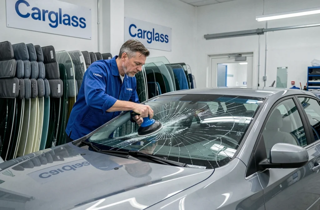 Technicien Carglass Lille retirant un pare-brise fissuré d'un véhicule dans un atelier spécialisé en vitrage