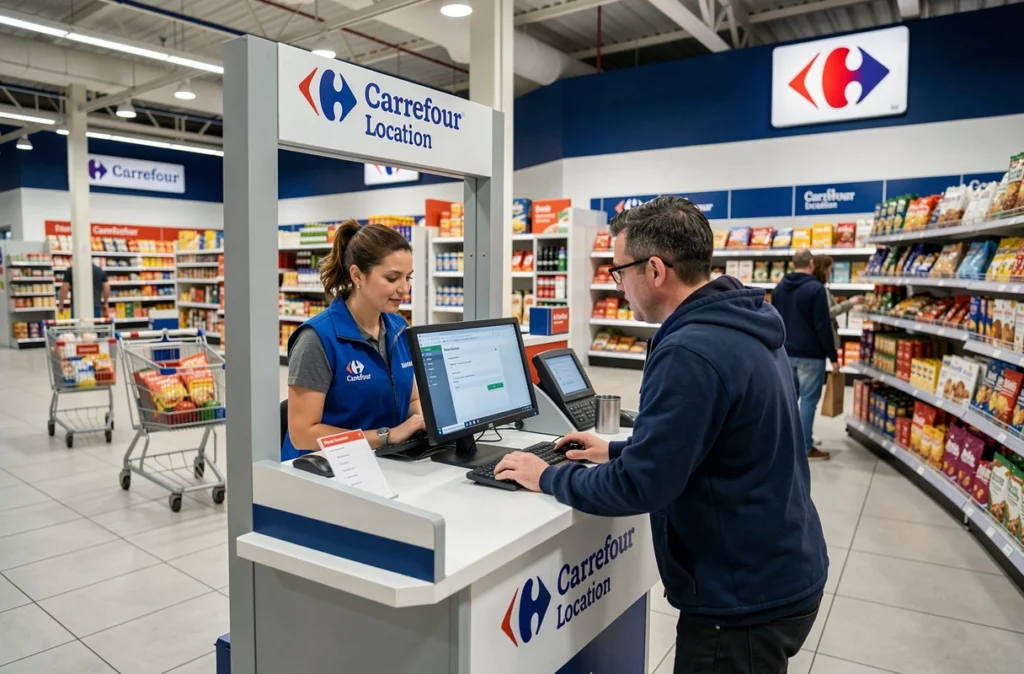 Employée Carrefour Location en tablier bleu aidant un client au comptoir de location du magasin de Meudon