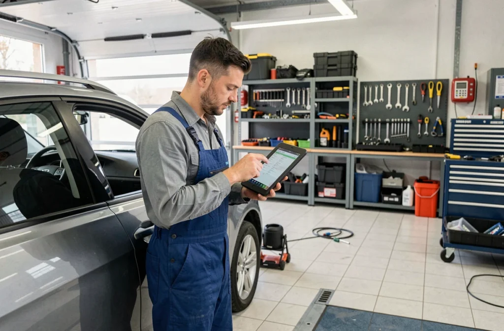 Mécanicien de CED Auto 83 effectuant une vérification technique sur un véhicule d'occasion dans le Var