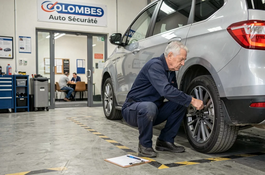 Technicien expérimenté de Colombes Auto Sécurité inspectant les pneumatiques et la suspension d'un monospace