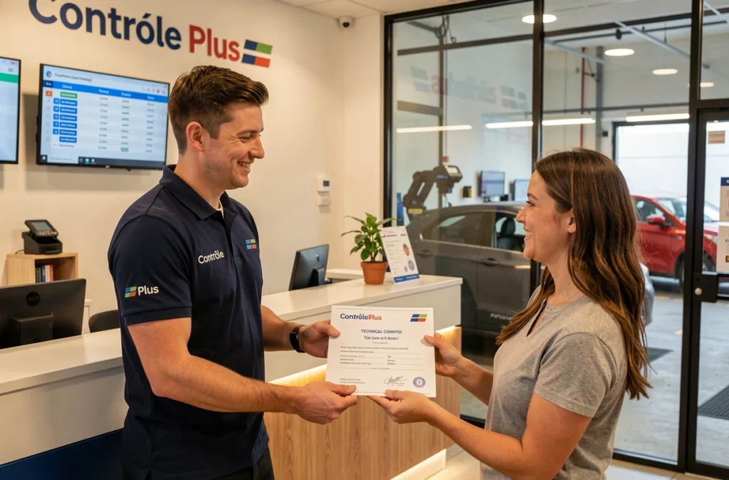 Inspecteur Contrôle Plus remettant le certificat de contrôle technique à une cliente satisfaite