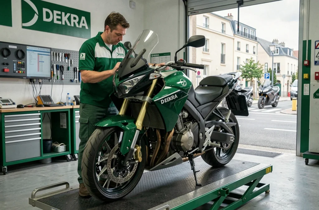 Technicien DEKRA en uniforme vert effectuant un contrôle technique moto à Levallois-Perret
