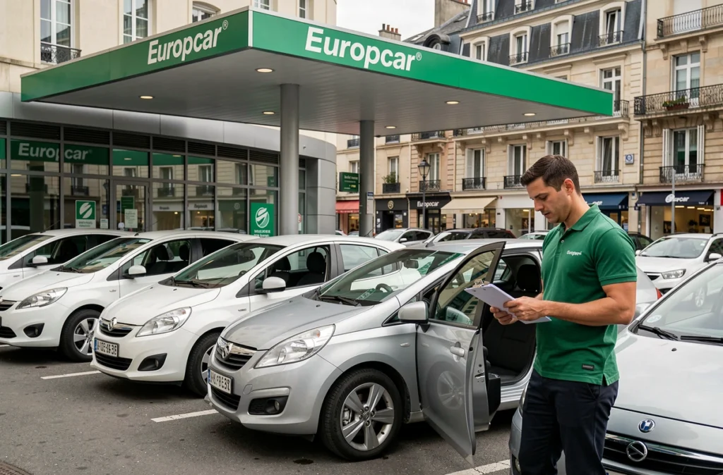 Agent Europcar en polo vert remettant un véhicule à un client devant l'agence de Boulogne-Billancourt