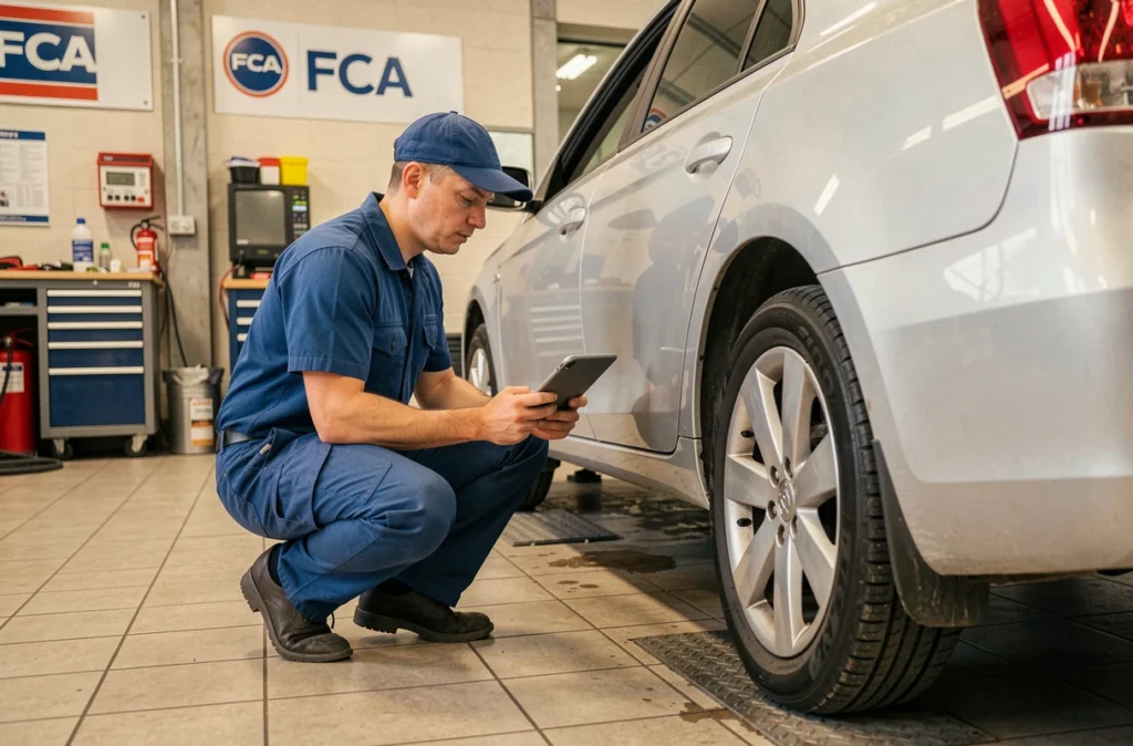 Technicien en uniforme bleu effectuant un contrôle technique sur une berline au centre FCA de Châtenay-Malabry