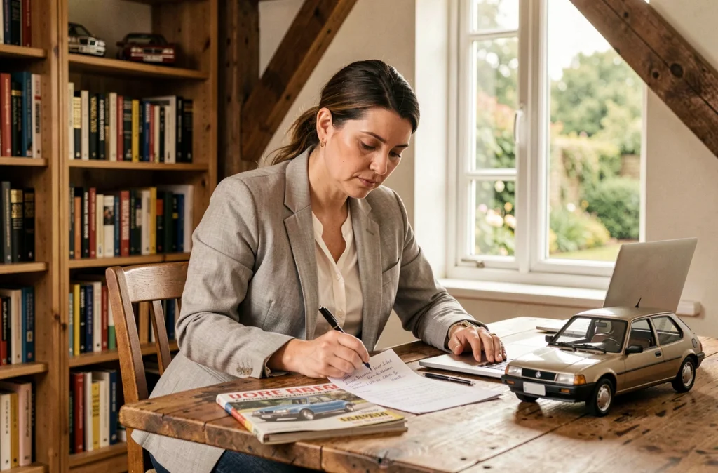 Femme évaluant le potentiel d'épargne d'une youngtimer à son bureau avec documents et modèle réduit de voiture classique