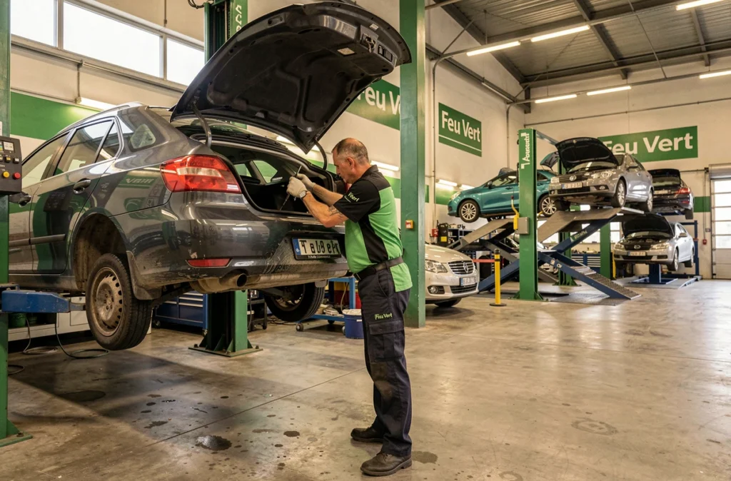 Technicien Feu Vert Roubaix inspectant le dessous d'un véhicule dans un atelier multi-ponts très actif