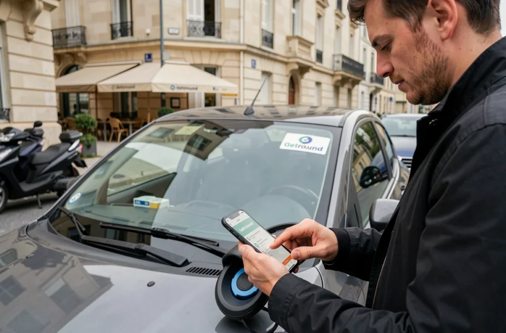 Utilisateur déverrouillant un véhicule Getaround avec son smartphone dans une rue résidentielle des Hauts-de-Seine