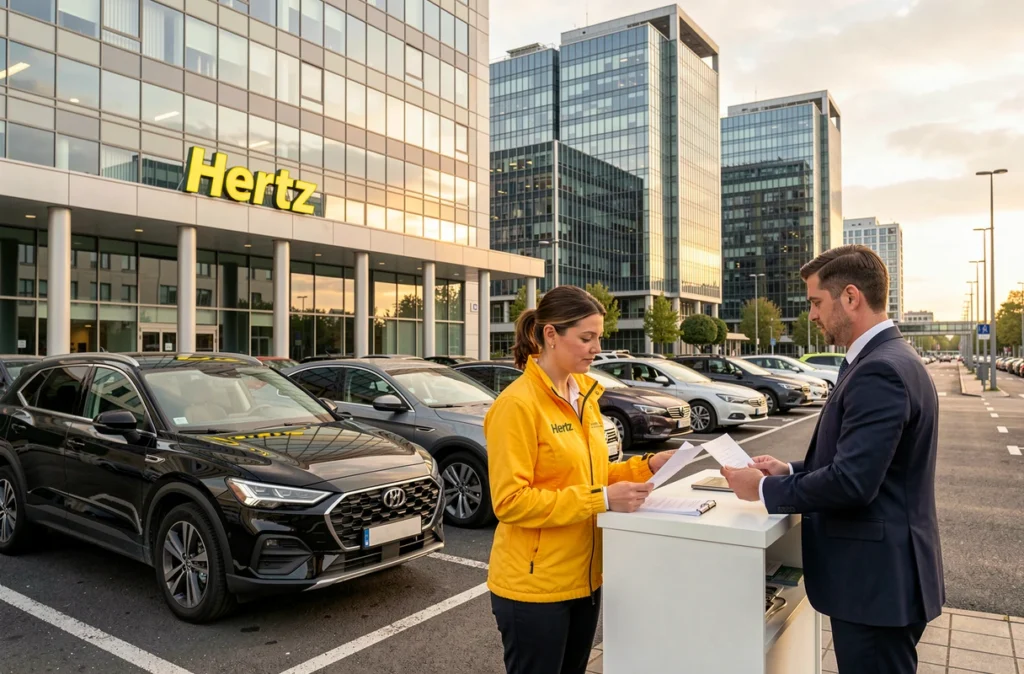 Agence Hertz à Nanterre avec les tours de La Défense en arrière-plan et un agent accueillant un client en costume