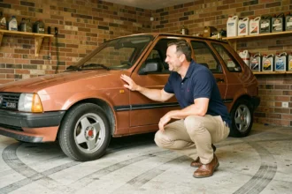 Homme passionné admirant une youngtimer française des années 80 dans un garage de collection authentique