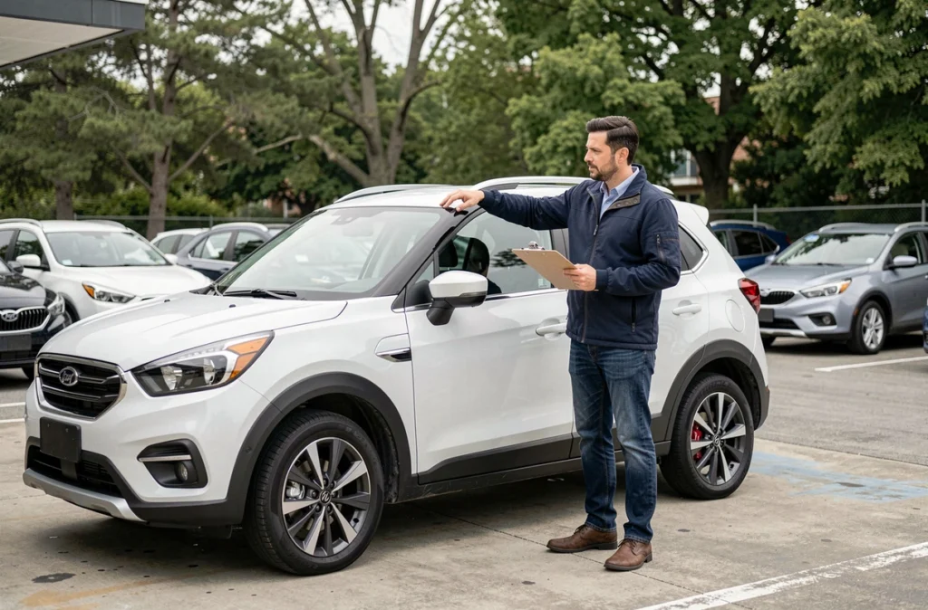 Journaliste automobile évaluant les dimensions du Toyota C-HR dans un parking de concession lors d'un test comparatif