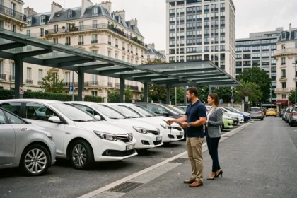 Vue d'ensemble d'une agence de location de voitures dans les Hauts-de-Seine avec plusieurs véhicules alignés et un agent remettant des clés à une cliente
