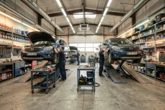 Vue panoramique d'un garage automobile dans le Nord avec plusieurs mécaniciens au travail sur des véhicules levés