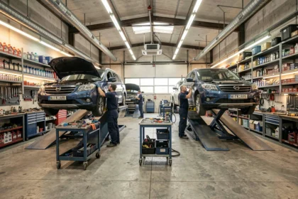 Vue panoramique d'un garage automobile dans le Nord avec plusieurs mécaniciens au travail sur des véhicules levés