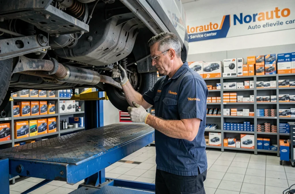Mécanicien Norauto inspectant le dessous d'un véhicule dans l'atelier historique de Lesquin