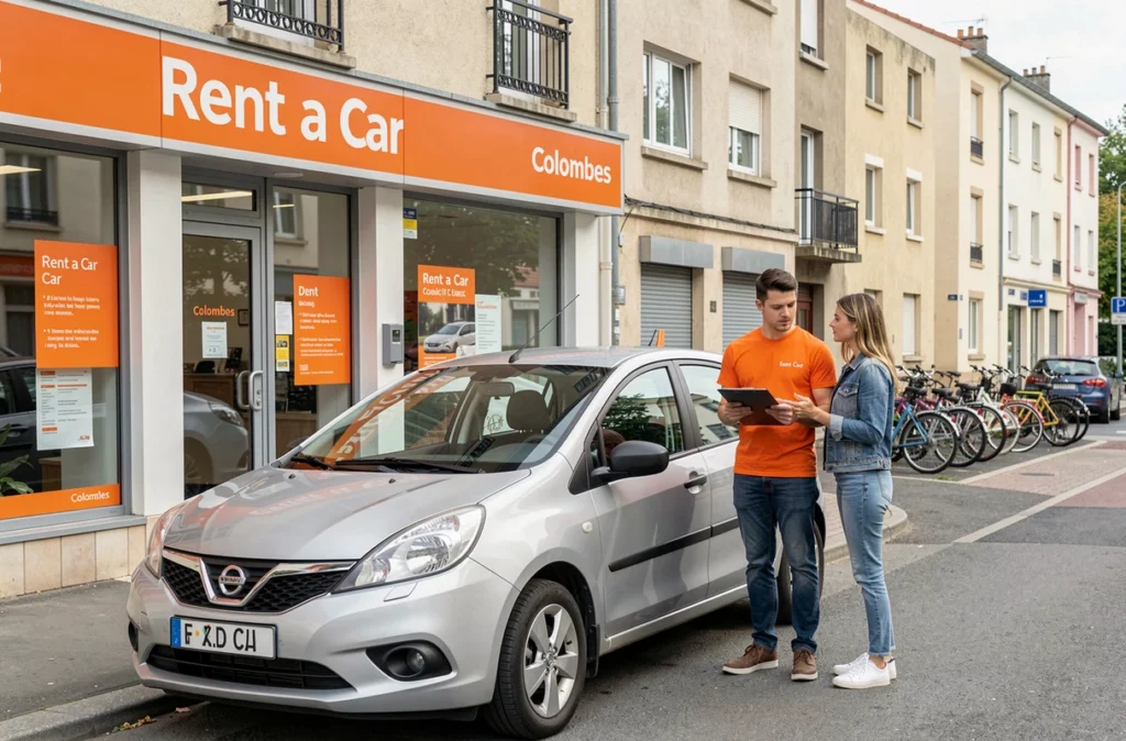 Employé Rent a Car en t-shirt orange présentant un véhicule à une cliente devant l'agence de Colombes