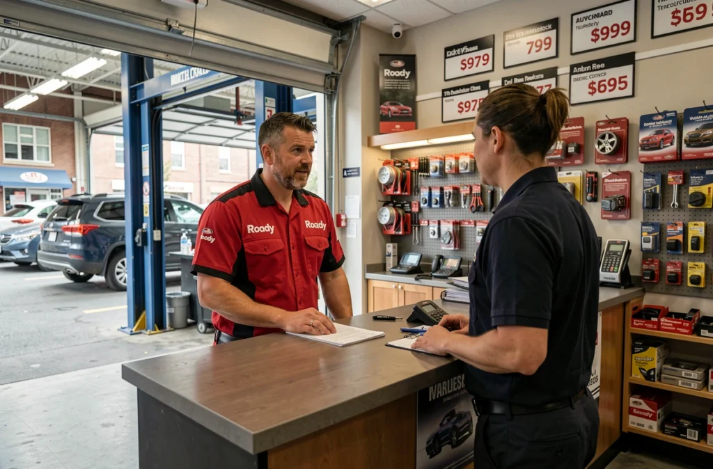 Mécanicien Roady Cambrai conseillant un client au comptoir d'un centre auto accessible