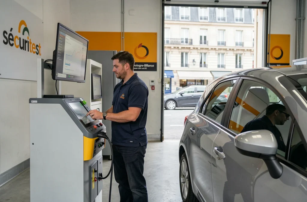 Technicien Sécuritest vérifiant les résultats de diagnostic d'un véhicule à Boulogne-Billancourt