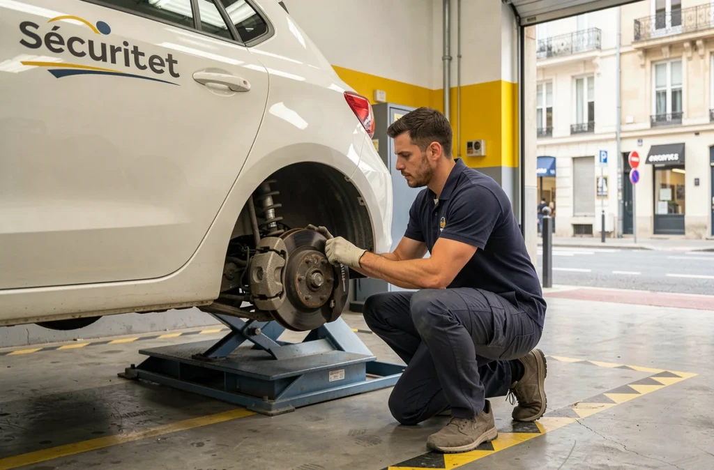 Technicien Sécuritest à Clichy inspectant le système de freinage d'une voiture blanche sur pont élévateur