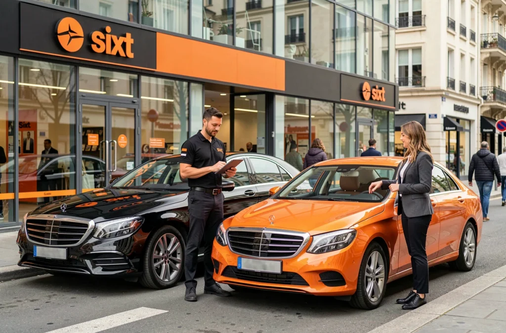 Agent Sixt en uniforme noir présentant un véhicule premium à une cliente devant l'agence de Courbevoie