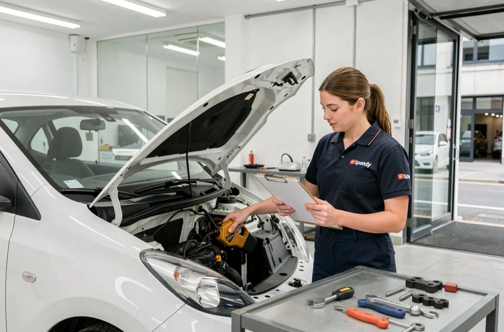 Technicienne Speedy Lille réalisant un entretien rapide sur une voiture compacte en atelier urbain